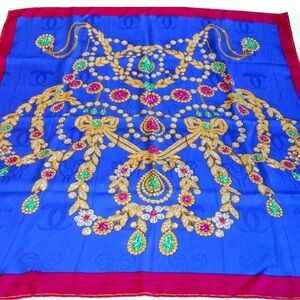 Cartier Vintage Blue Silk Scarf with Pink Border and Gold Jeweled Print